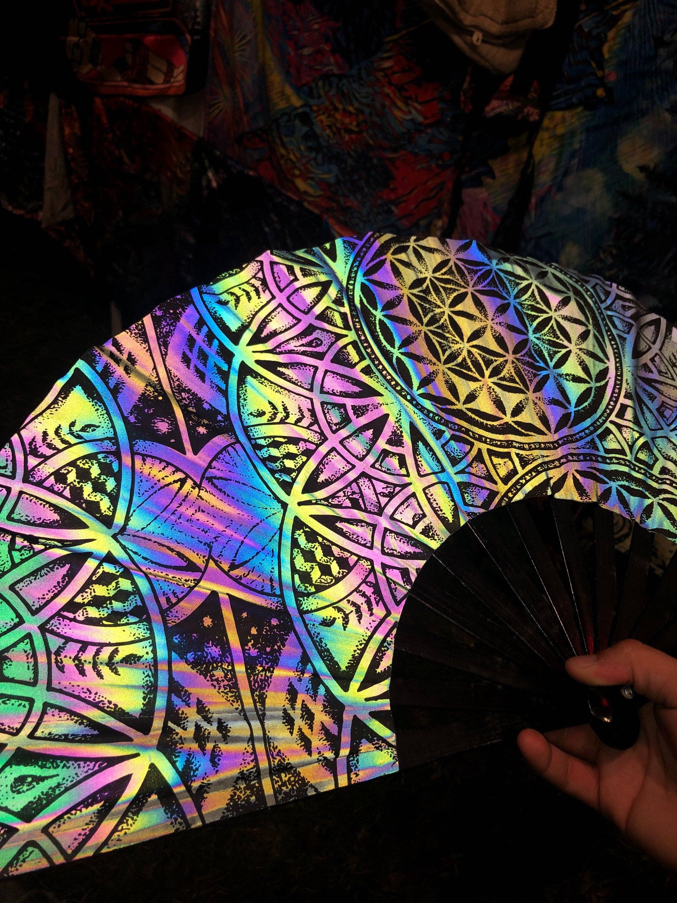 Enlighten - Wholesale Handheld Folding Fan - Large Dark Rainbow Reflective Sacred Geometry Hand Fan – Flash Reactive, Flower of Life Design, Festival Fashion, Rave Accessories2