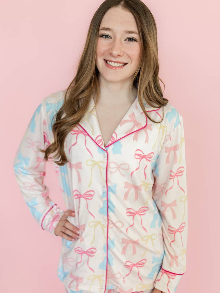 Rock Paper Scissors - Wholesale Sleepwear Set - Women's - Pink Pastel Bows Long Sleeve Loungewear Pajama Set
