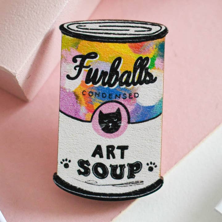 Cat Art Soup Wooden Pin Badge for wholesale by Niaski - Feline Fine Art (USA DUTIES PAID)