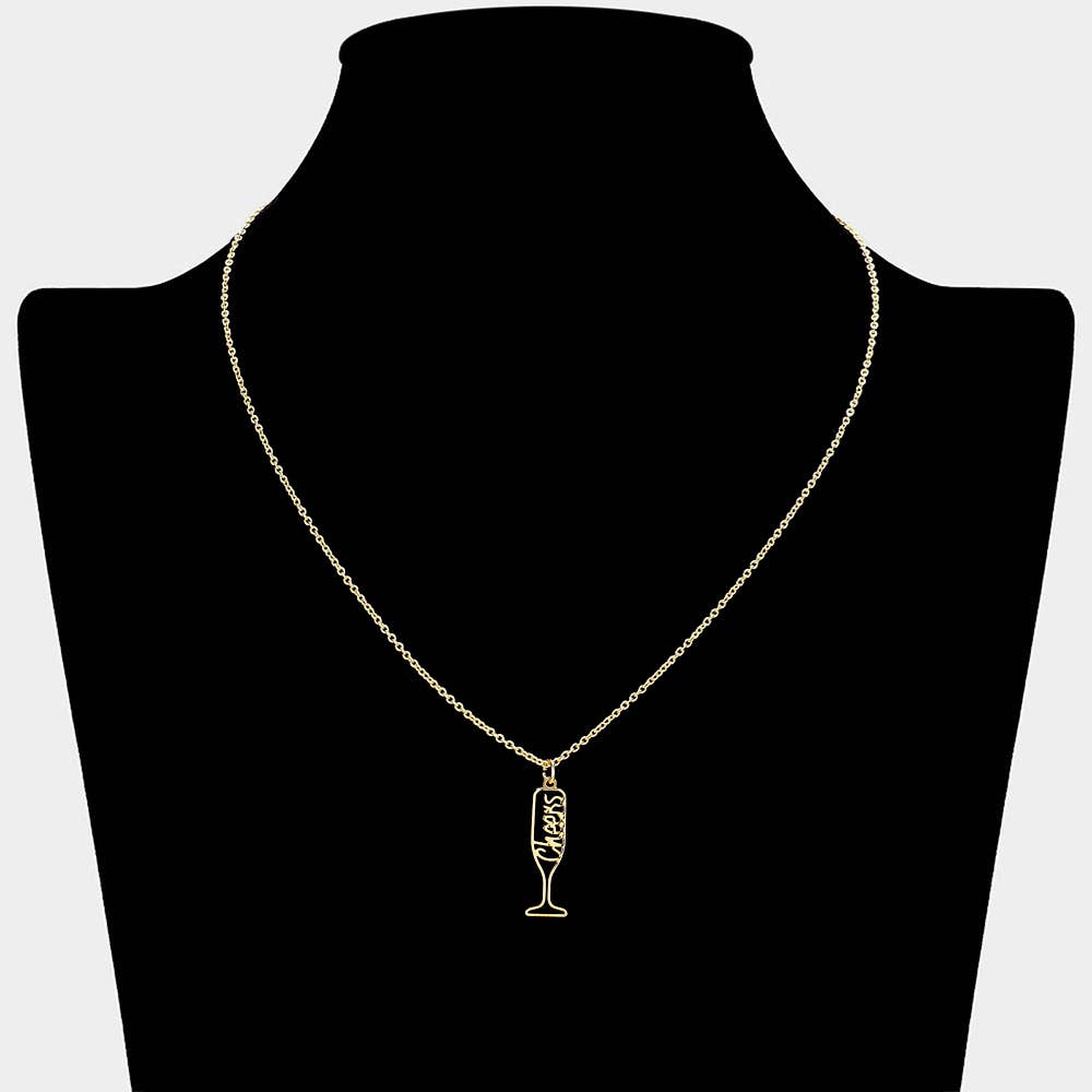 Sensibling Corp. - Wholesale Pendant/Charm Necklace - Cheers Message Wine Glass Brass Metal Pendant Necklace1