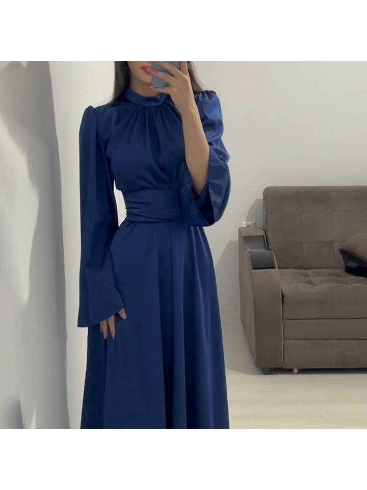 pinkblu02 - Wholesale Dress - Women's - Waist Strap Solid Color Long Sleeve Maxi Dresses