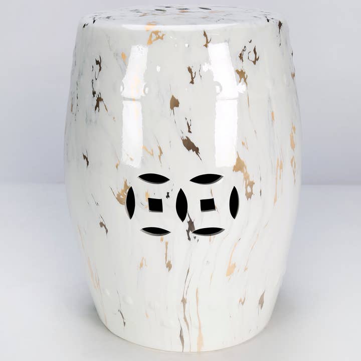 AA Importing - Wholesale Stool - Ceramic Garden Stool, White with Gold Accents