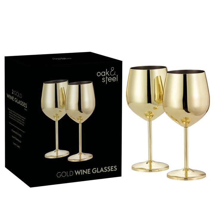 2 Stainless Steel Gold Wine Glasses, 500ml for wholesale by Oak & Steel
