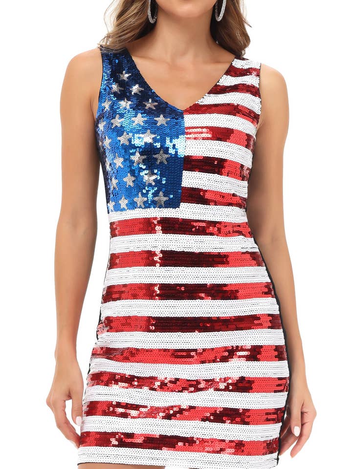 Women's American Flag Sequin Dress V-Neck Sleeveless USA Pat for wholesale by Anna Kaci Wholesale
