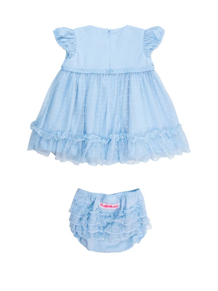 Baby Girls Light Blue Dotted Tulle Dress & RuffleButt Set for wholesale on Faire