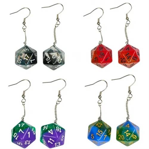 Boucles d'oreilles dés D20 pour la vente par Cultivation Games