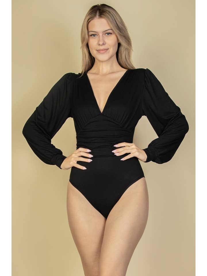 CAPELLA APPAREL - Wholesale Bodysuit - Women's - Plunge Neck Peasant Sleeve Bodysuit