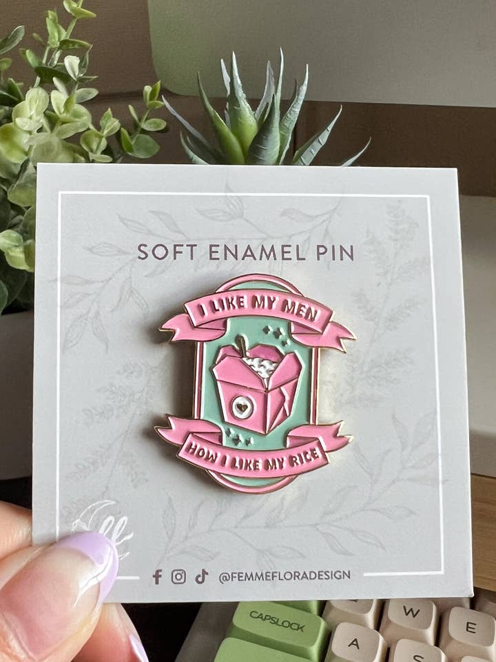 I Like My Men How I Like My Rice Cute, Pastel Soft Enamel Pi for wholesale by Femme Flora Design