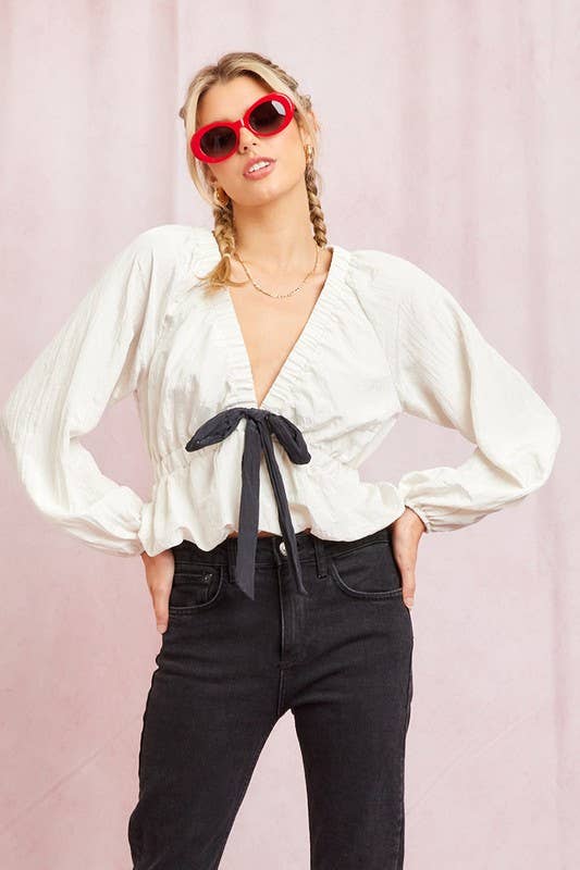 Ivory Poly Contrast Bow Top for wholesale on Faire0