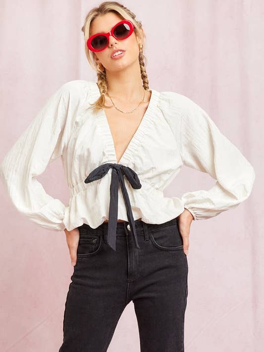 Ivory Poly Contrast Bow Top for wholesale on Faire