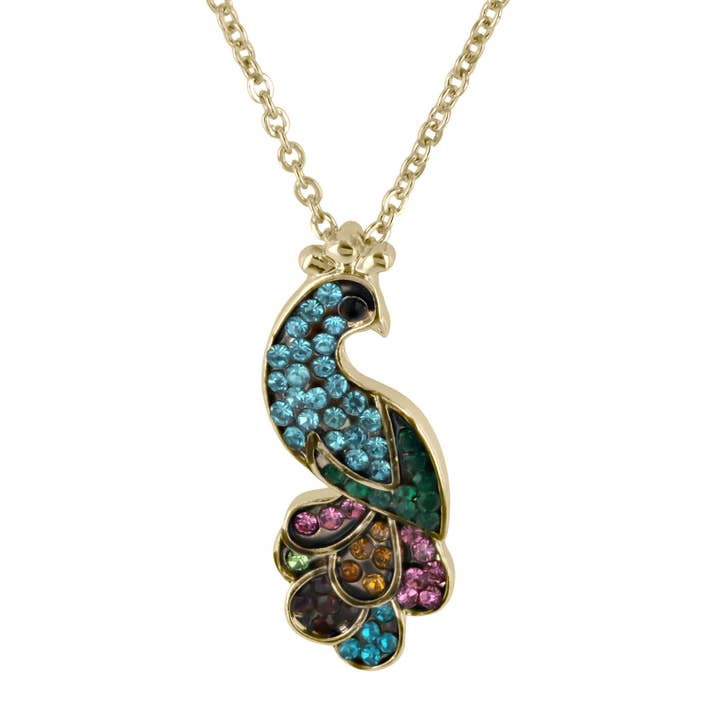 Pendentif en forme de paon doré avec cristaux multicolores pour la vente par Luxe on Main LLC