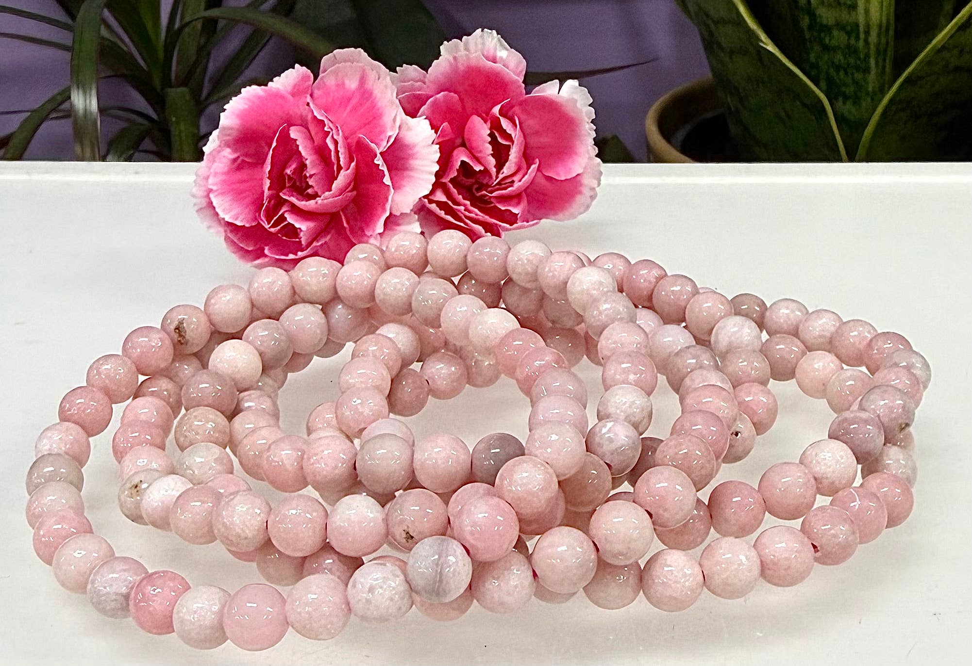 KayleeNYC – wholesale Pärlarmband – Naturlig rosa opal 6 mm 7,5” kristall stretch healing3