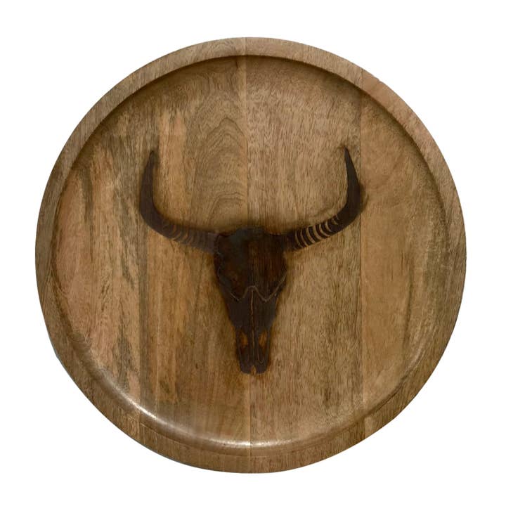 Wilco Home - Wholesale Serving Tray - "Branding Iron" Cow Skull Mango Wood Charcuterie Tray
