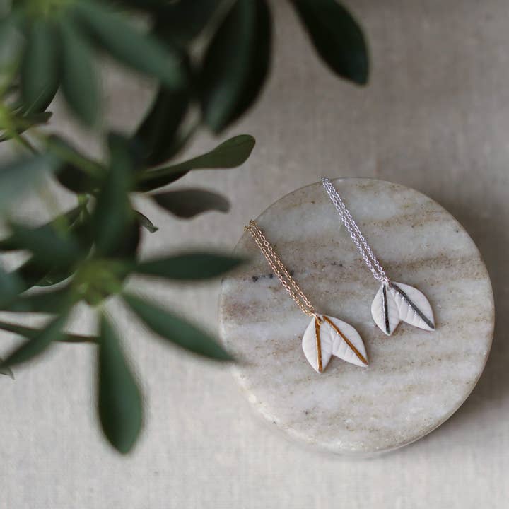 white and gold leaf necklace for wholesale by Remnant Studios