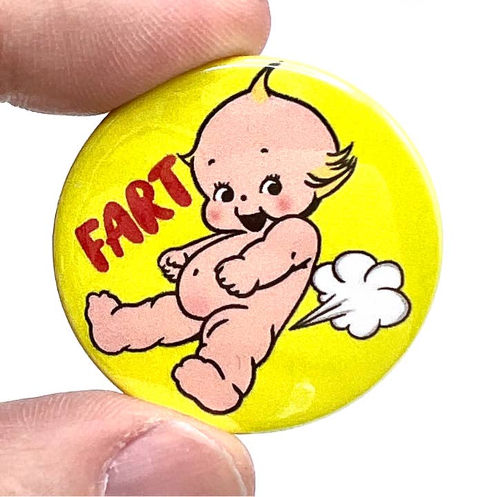 Bite Your Granny - Wholesale Lapel pin/button - Farting Kewpie Doll Inspired Button Pin Badge