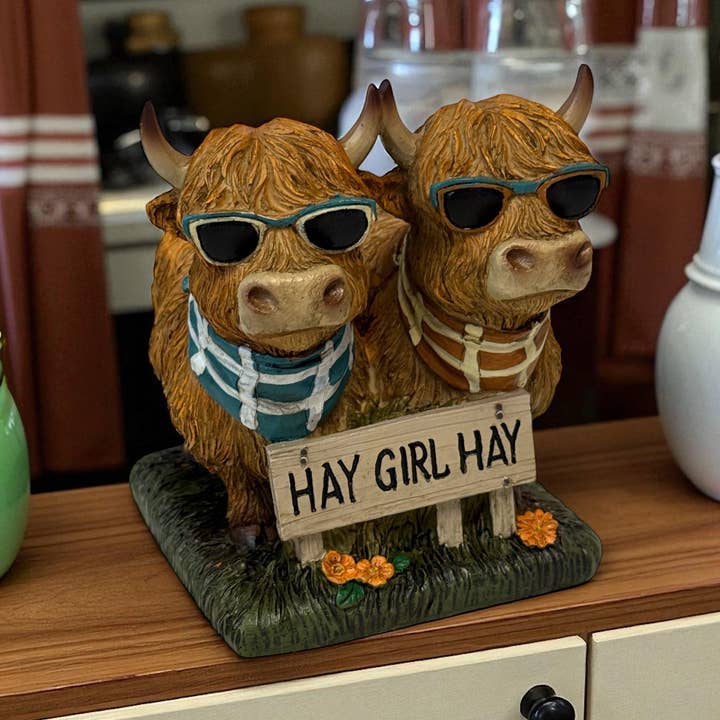 “Hay Girl Hay” Highland Cow Figurine – Funny Farmhouse Decor for wholesale by De Leon Collections
