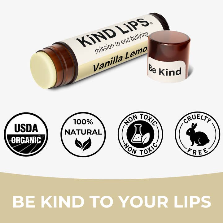 Kind Lips - Wholesale Lip Balm - Vanilla Lemon Organic Lip Balm - 12 Tube Display Open Pack