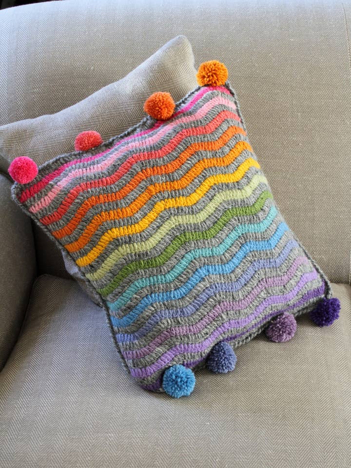 San Clemente Rainbow Stripe Crochet Cushion Cover Wool for wholesale by Pachamama Ltd
