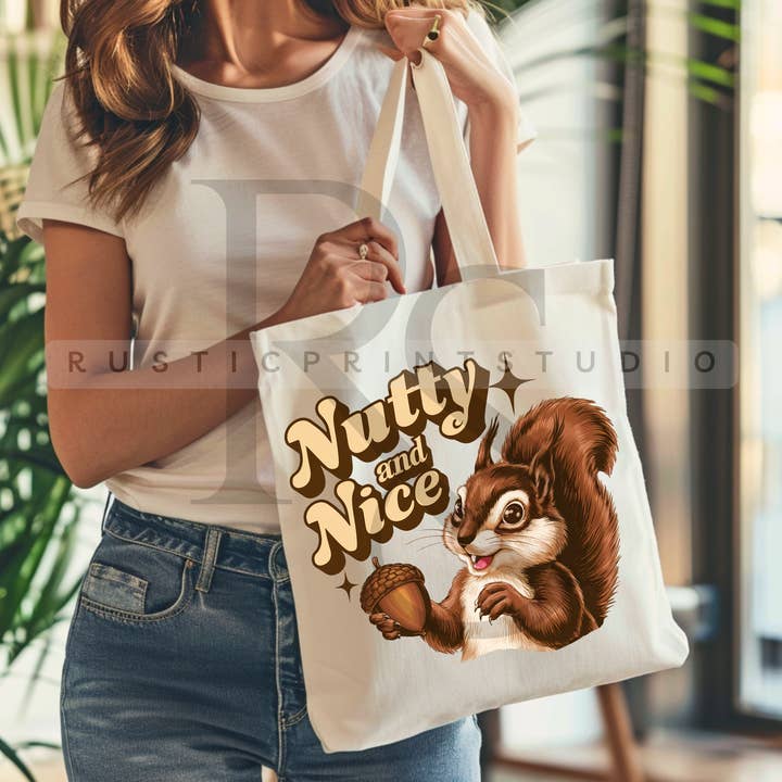 Vintage Tote Sarcastic Animal Tote Nutty & Nice Squirrel Bag for wholesale by RusticPrintStudio