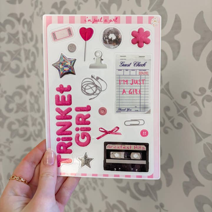 ReggieDesignCo - Wholesale Sticker - Trinket Girl Junk Journal 5x7 Sticker Sheet, scrapbooking