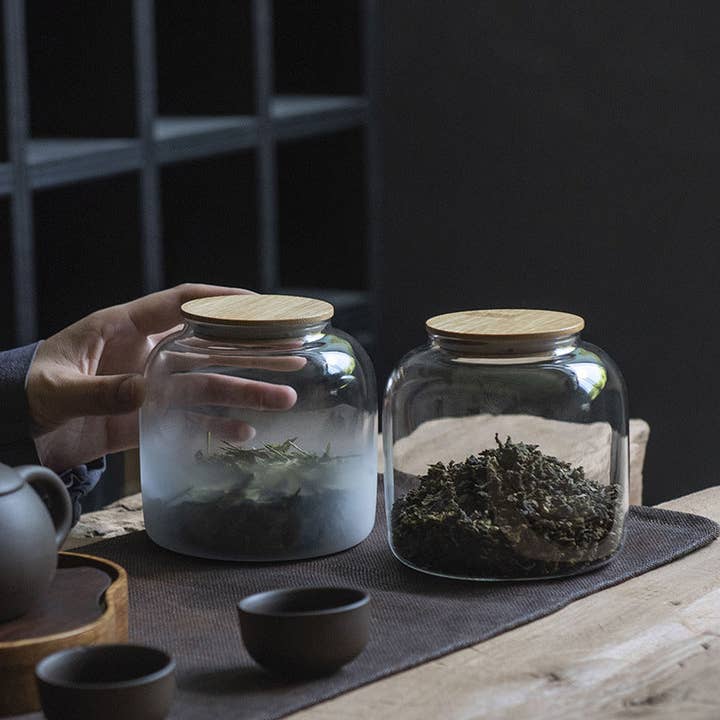 Gohobi – Großhandel Lebensmittelbehälter – Gohobi Teedose aus Glas mit grauem Schirm, groß