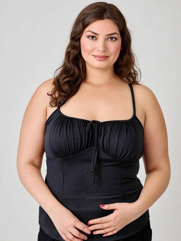 Plus Size Camisole Style Blouse with Spaghetti Strap FN18987 for wholesale by Haute Fox Plus Size & Contemporary