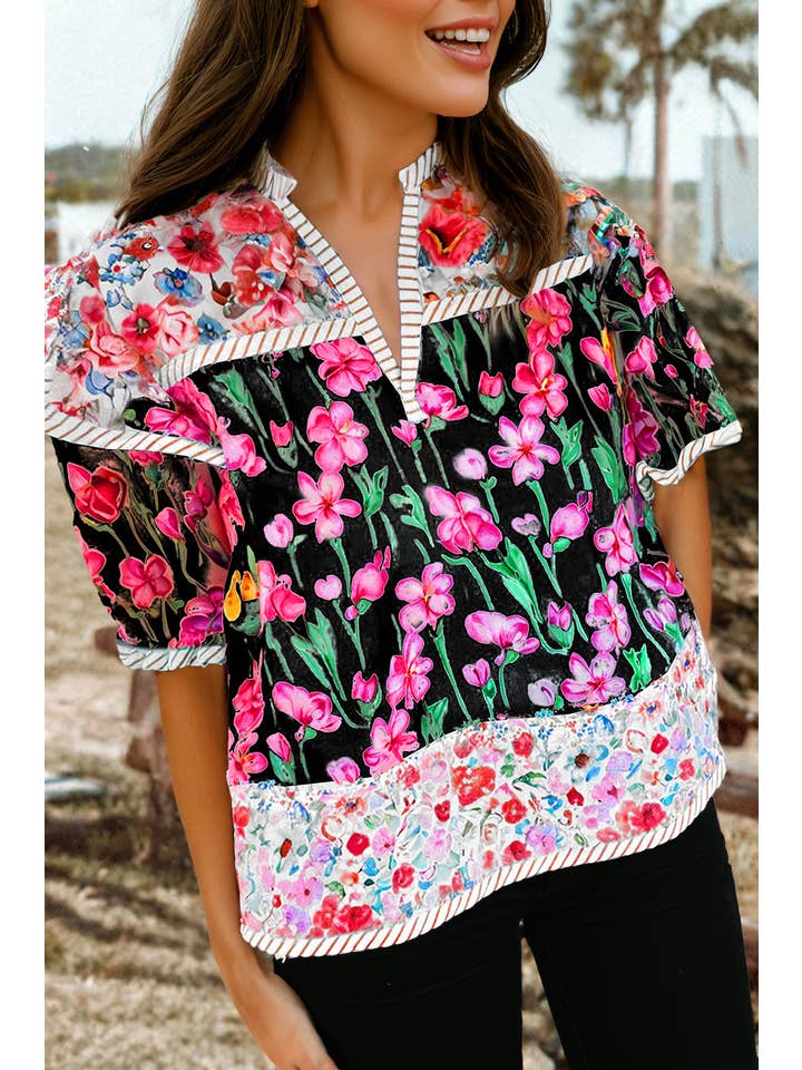 fashionworks - Wholesale Blouse - Women's - Fashion Floral Striped Detail Split Neck Short Sleeve Blouse