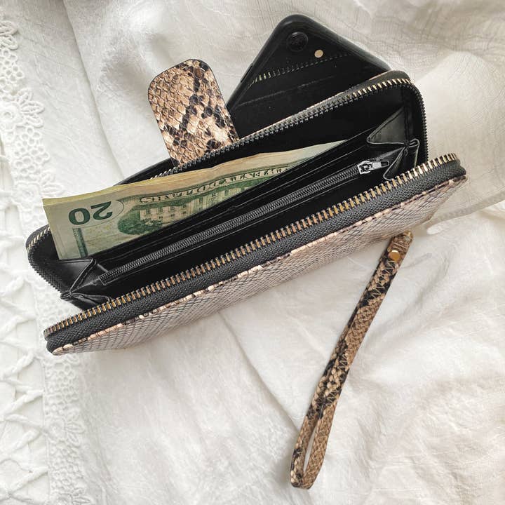 DK BRN Rebecca & Rifka Snake Animal Print Phone Case Zip Wristlet Wallet for wholesale on Faire1