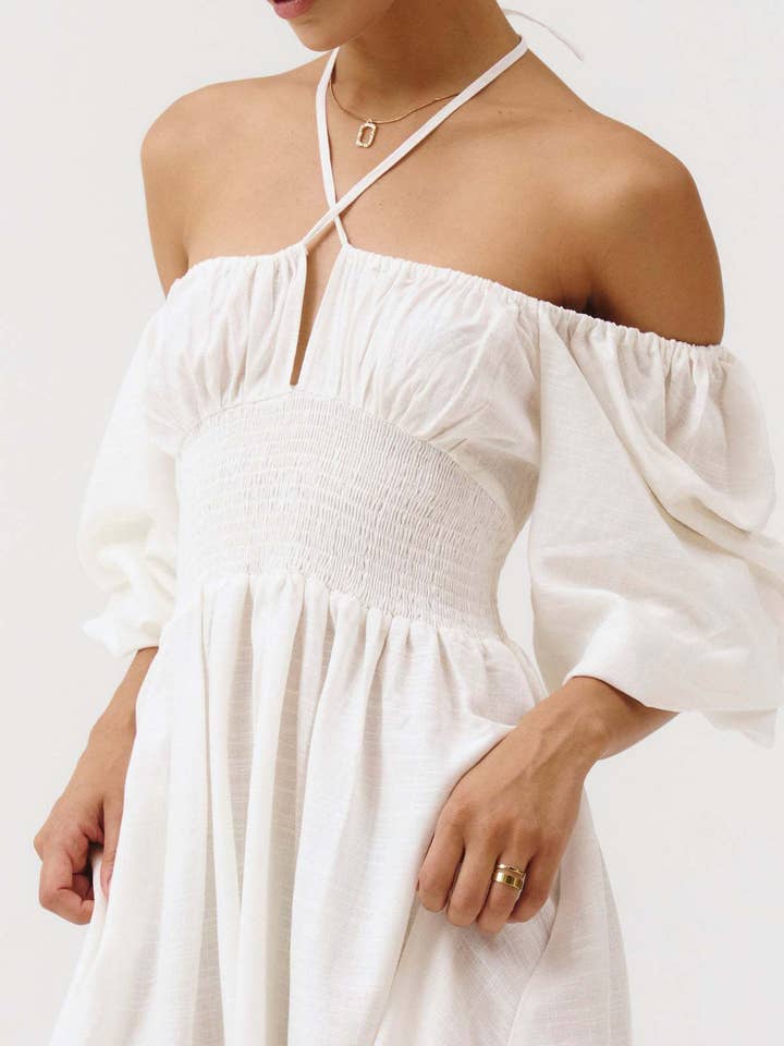 Rosa Clothing - Wholesale Dress - Women's - Blue Floral Toile print off shoulder Sweetheart dress4