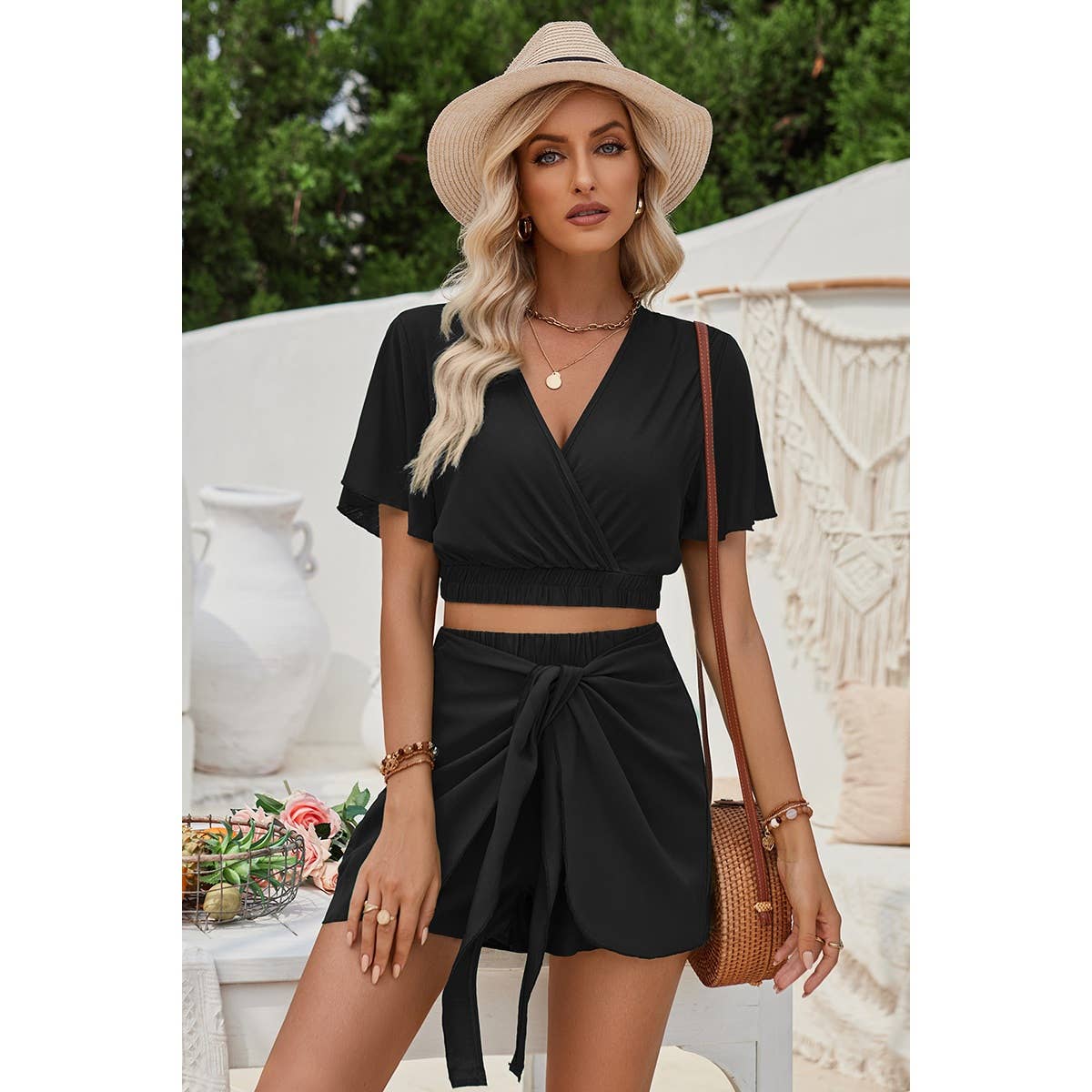 BLACK Two Pieces V Neck Ruffle Crop Shirt And Wrap Sets for wholesale on Faire3
