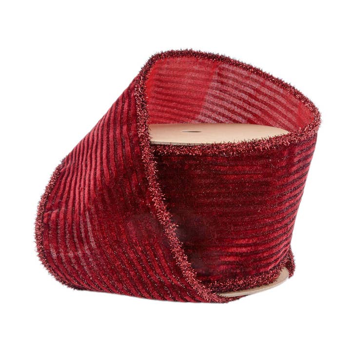 4" Wired Velvet Ribbon | Burgundy Stripe w/ Burgundy Tinsel Edging | 10 Yard Roll
for wholesale by LA Ribbons Wholesale