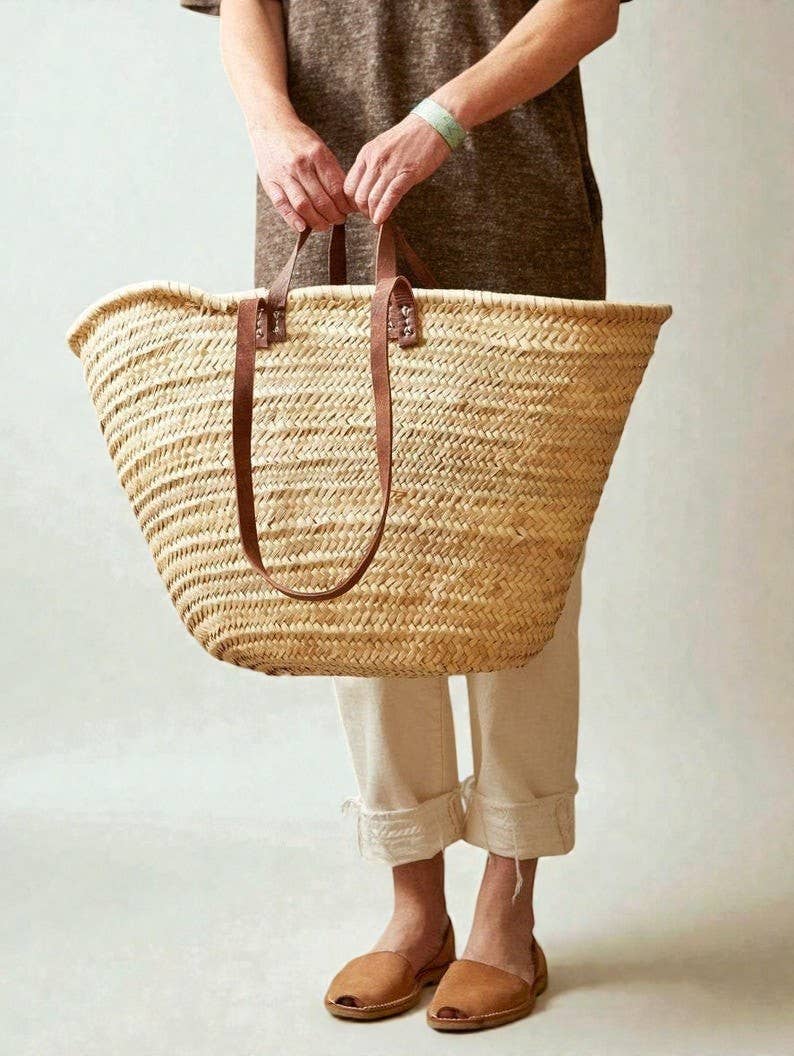 HandmadeBestSeller - Vente Sac de plage - Sac en paille tressée avec poignées en cuir, sac marché français