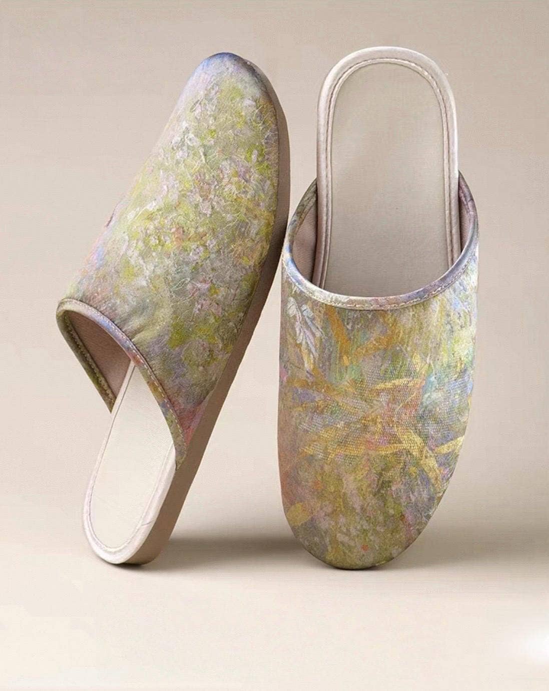 Lian Collection – wholesale Slippers – Women's – Silk Winter Slippers – Faux Fur‑Lined Silk Mules, Impressionist Art Print, Indoor Gift Slippers0