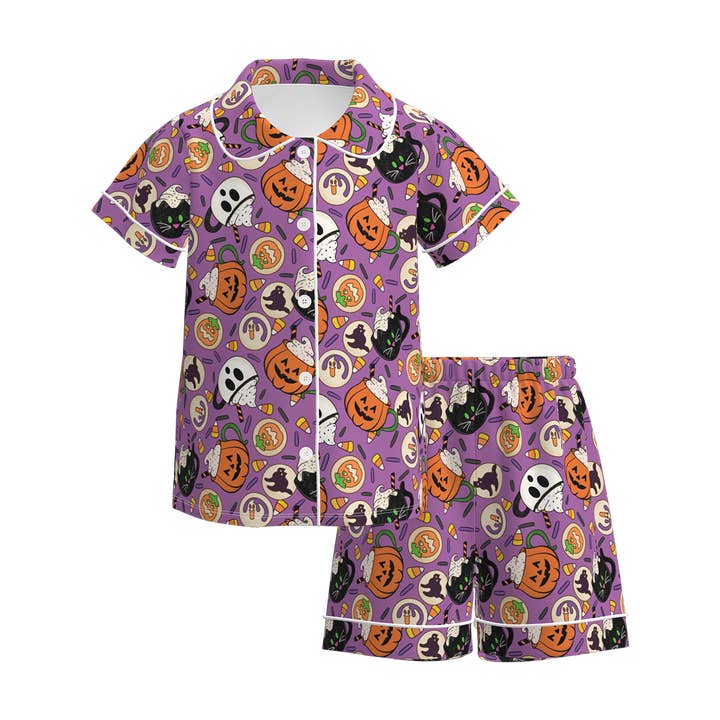 Auraquise - Wholesale Sleepwear Set - Kids - Girls Halloween Pumpkin Ghost Bow Pajamas 2 Pieces Set1