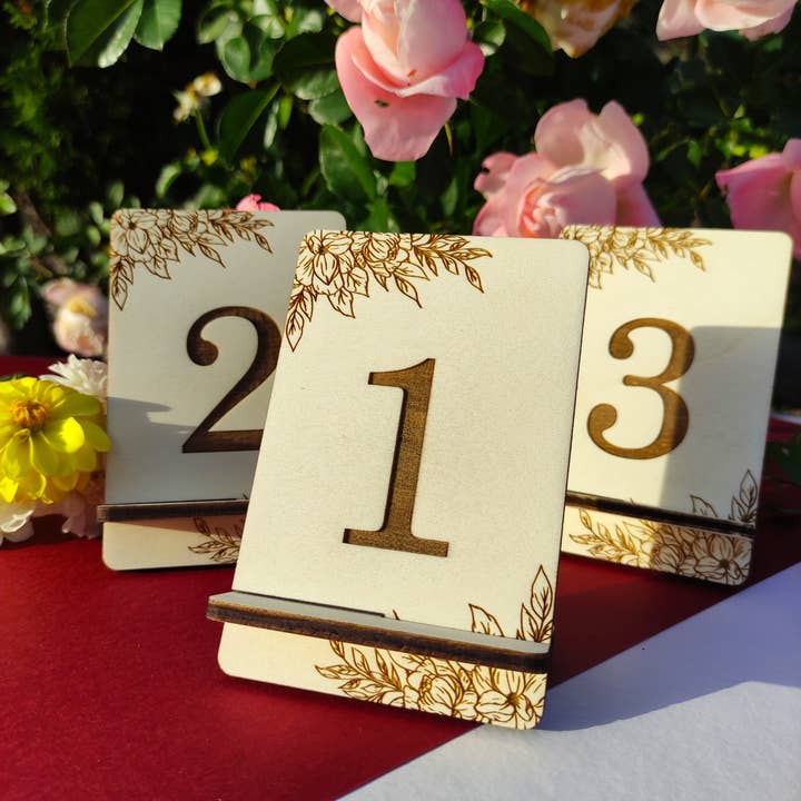 Wooden Table Number Signs with Floral Design, Wedding Party for wholesale by Herbs&Belles