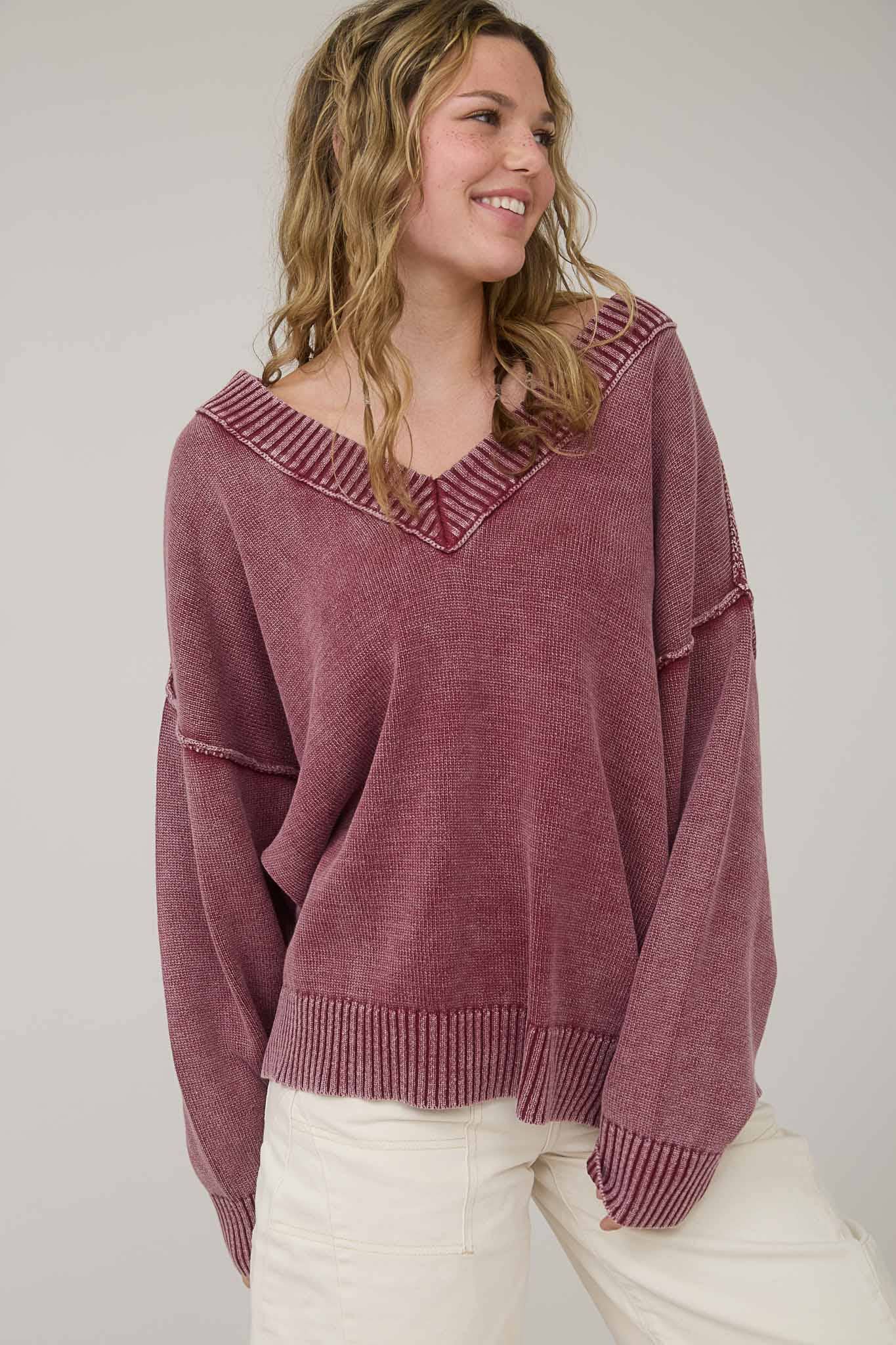 Blu Pepper - Vente Pull en maille – femme - PULL EN TRICOT SURDIMENSIONNÉ À MANCHES LONGUES ET COL EN V DÉLAVÉ13