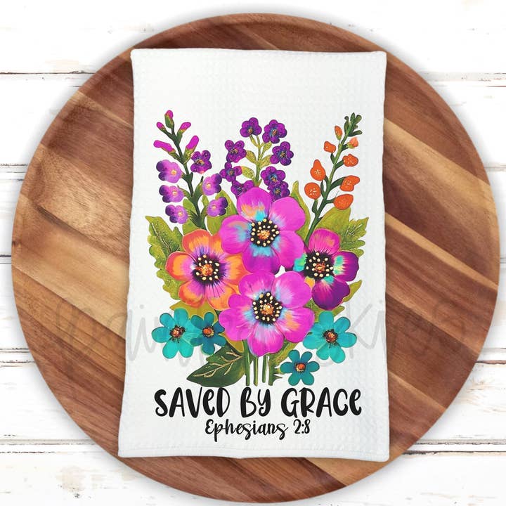 Torchon de cuisine chrétien floral Sauvé par la Grâce pour la vente par Painted Skies