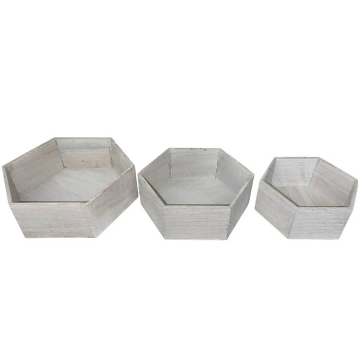 Thompson Wholesale - Wholesale Plant Pot - Natural & Gray Hexagon Washed Wood Pots -- 12 Piece Set1