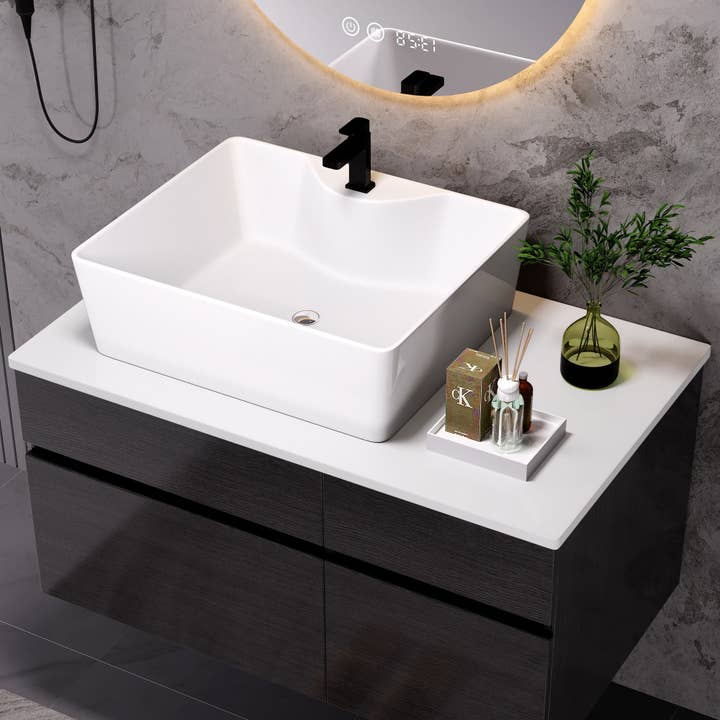 39F Inc. - Wholesale Cabinet - 31.5" White+Black Floating Bathroom Vanity with Sink6