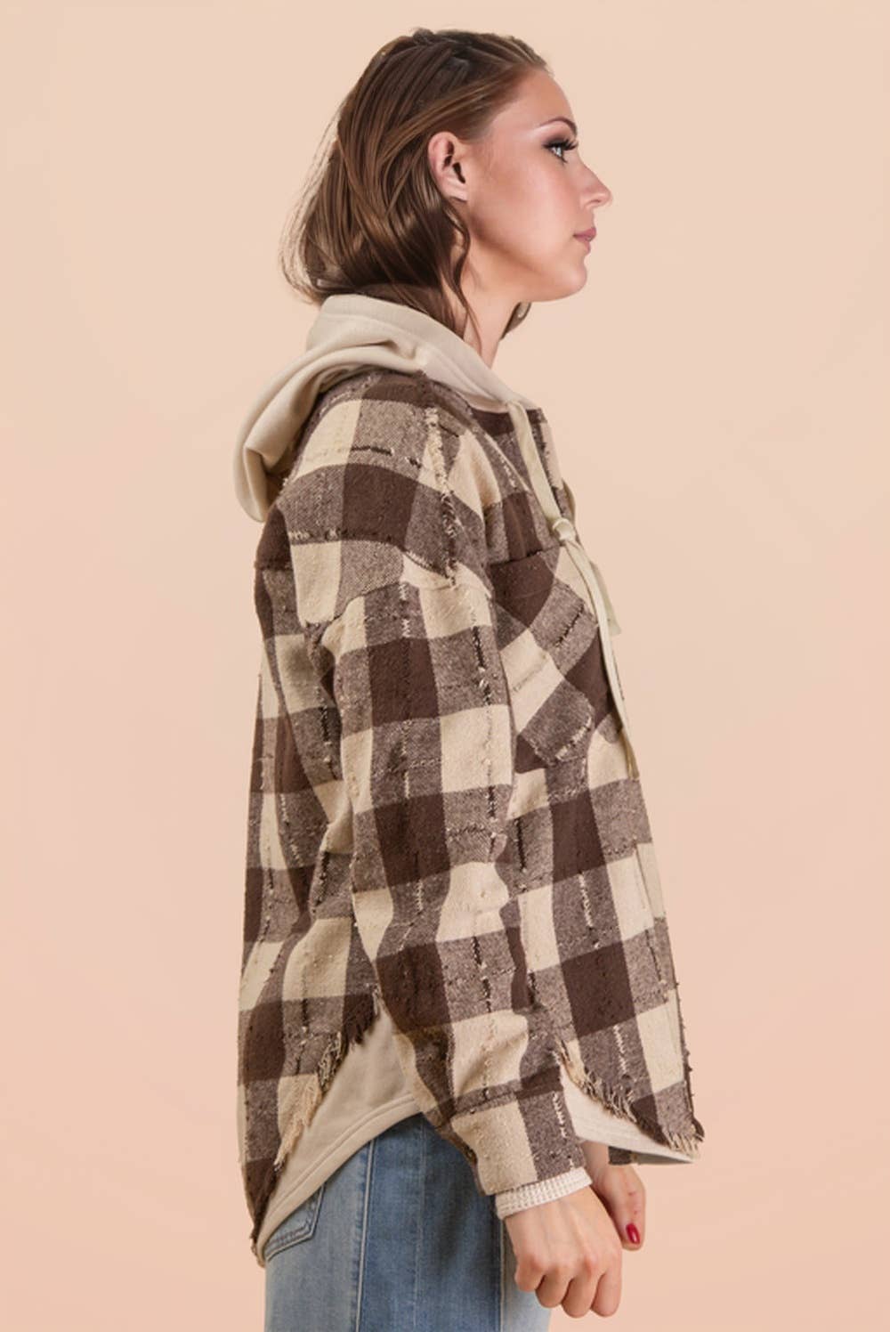 VERY J - Wholesale Jacket - Women's - NT12253-Oversized Flannel Hooded Button Down Jacket13