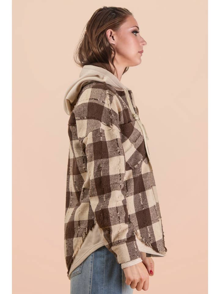 VERY J - Wholesale Jacket - Women's - NT12253-Oversized Flannel Hooded Button Down Jacket13
