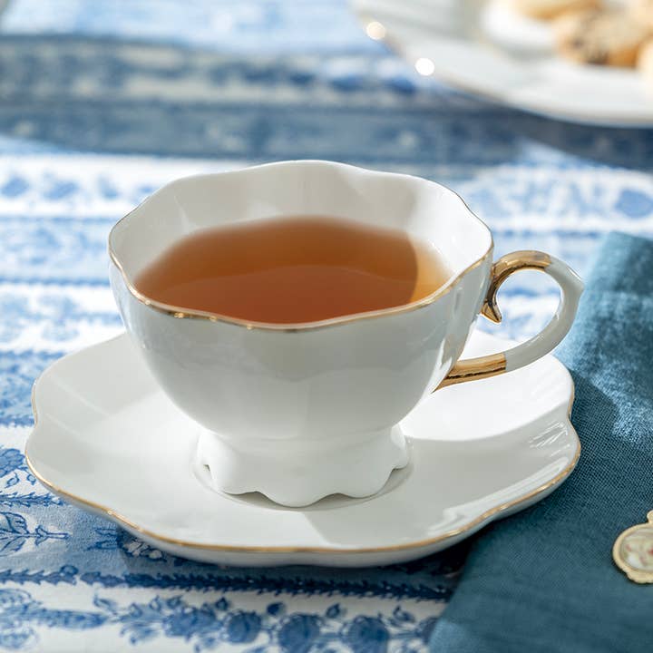 Grace Teaware - Wholesale Coffee/Tea Cup - White Gold Scallop 7.5oz Fine Porcelain Tea Cup and Saucer1
