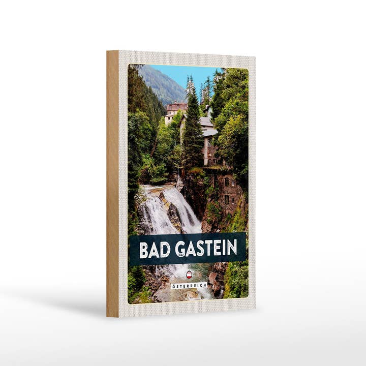 Wooden travel sign 12x18cm Bad Gastein Waterfall natural forest for wholesale by Femer