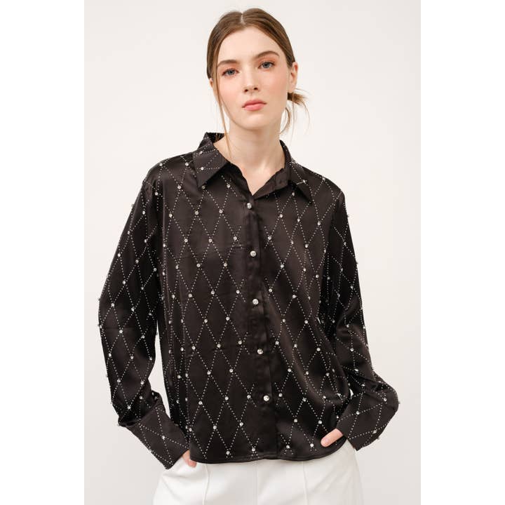 INA - Wholesale Blouse - Women's - Long Sleeve Rhinestones Embellished Shirt Top