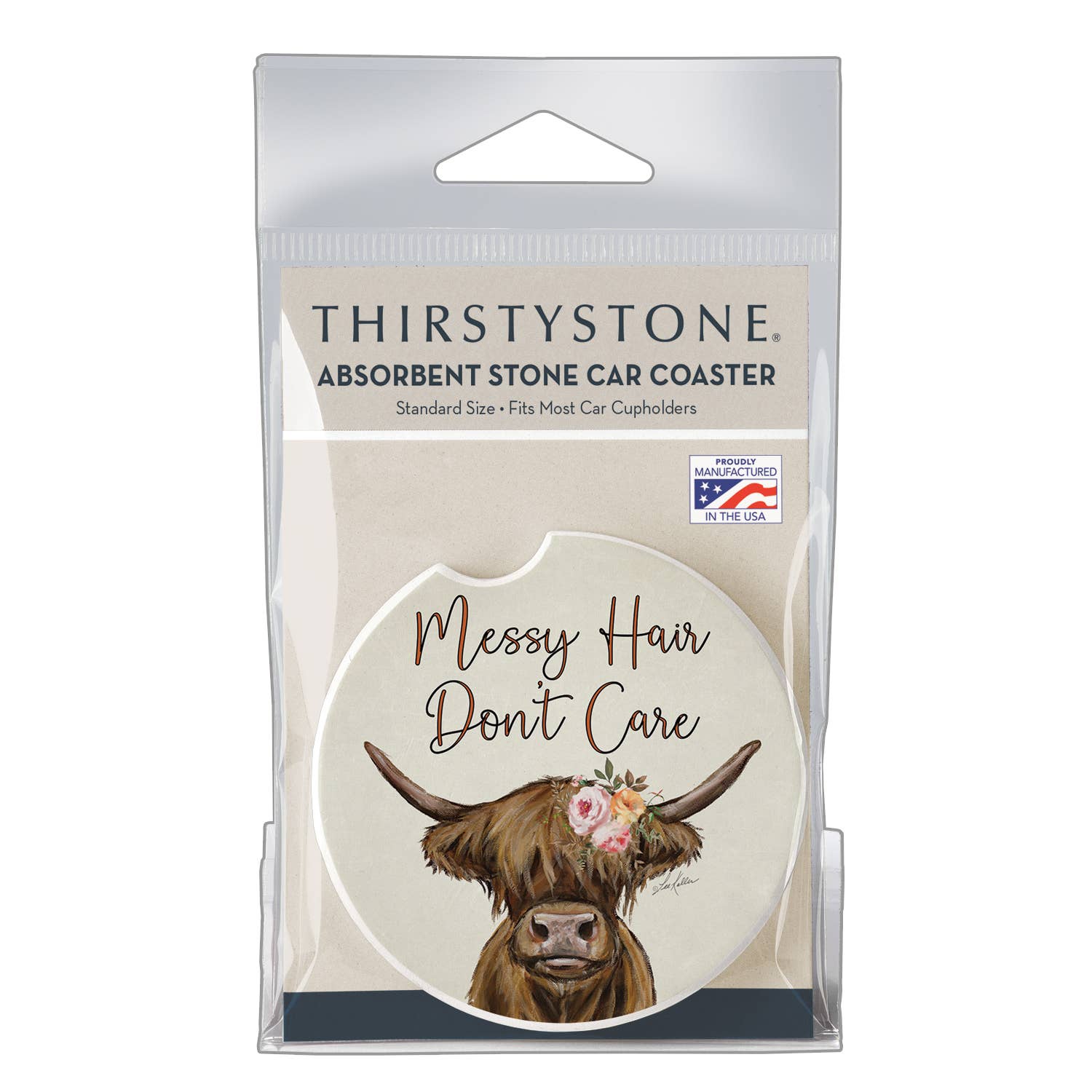CounterArt/Highland Home/Thirstystone - Wholesale Car Coaster - Women's - "Messy Hair Cow" Absorbent Stone Car Coaster 1pk1