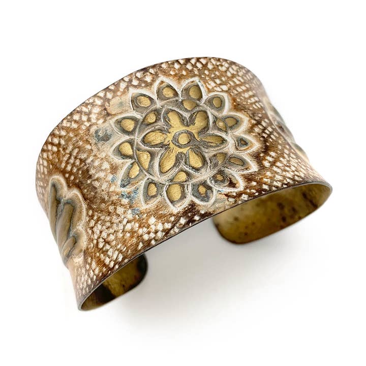 Brass Patina Bracelet - Warm Brown and White Sunflower for wholesale by Anju Jewelry