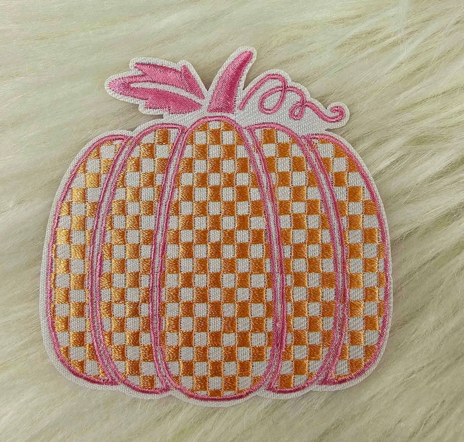 Scratch Decor - Wholesale Patch - Checkered Orange and Pink Pumpkin Embroidery Iron On Patch1
