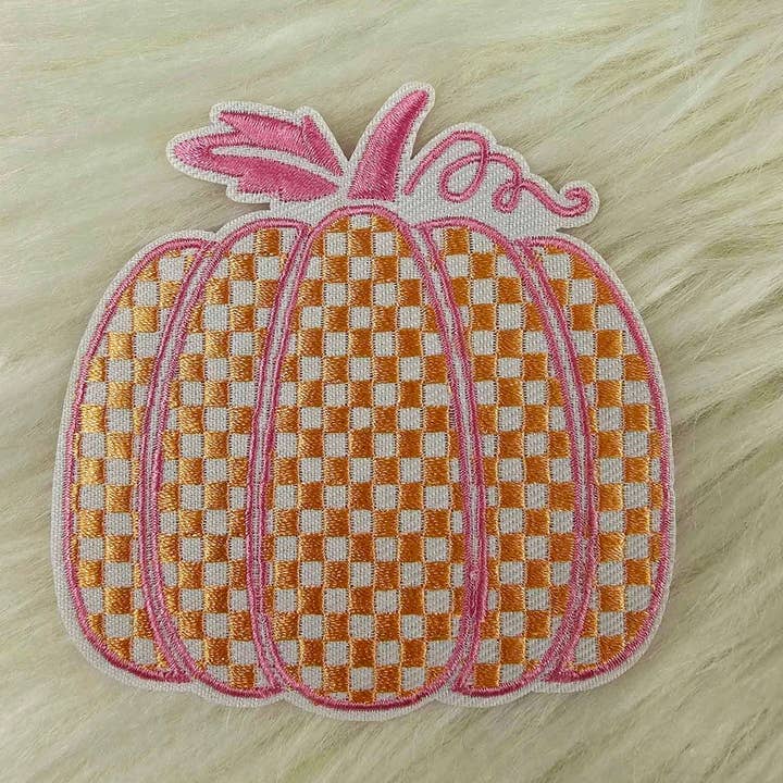 Scratch Decor - Wholesale Patch - Checkered Orange and Pink Pumpkin Embroidery Iron On Patch1