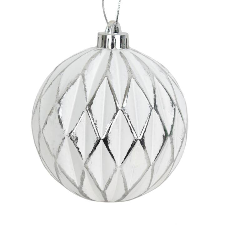 4.75" Vintage Harlequin Ball Ornament - White/Silver for wholesale by David Christopher's Collection