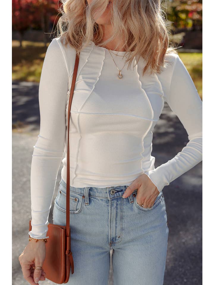White Exposed Seam Ribbed Knit Slim Fit Long Sleeve Top for wholesale on Faire5